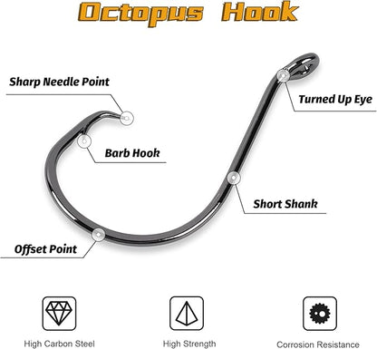 UCEC Circle Hooks Fishing Hooks 2X Strong Offset Circle Hooks Saltwater Black High Carbon Steel Octopus Catfish Fishing Hooks Fishing Gear Tackle 150pcs/ 240pcs - Size:#1 1/0 2/0 3/0 4/0 5/0 6/0 8/0