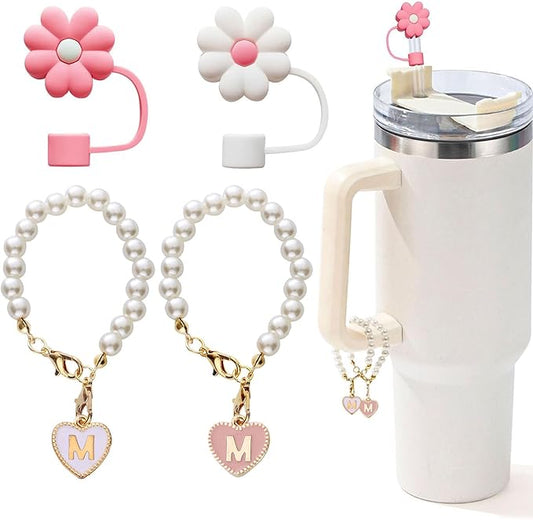 Charms for Stanley Cup，2pcs Pearl Chain for Stanley Cup Accessories Initial Letter Charms Handle with 2pcs Straw covers Stuff Decor Water Bottle Jewelry Tumbler Personalized Decorations Tag M