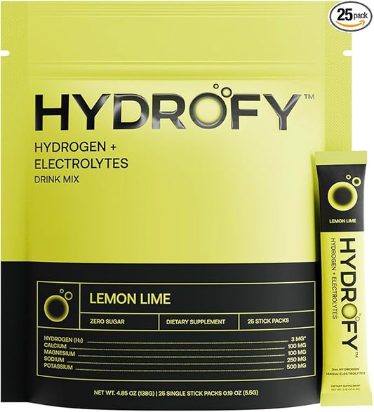 Hydrofy Hydrogen Water + Electrolytes Drink Mix | H2 Hydration Packets with Molecular Hydrogen, Sodium, Potassium, Magnesium, Calcium, and Minerals | No Sugar | Lemon Lime | 25 ct