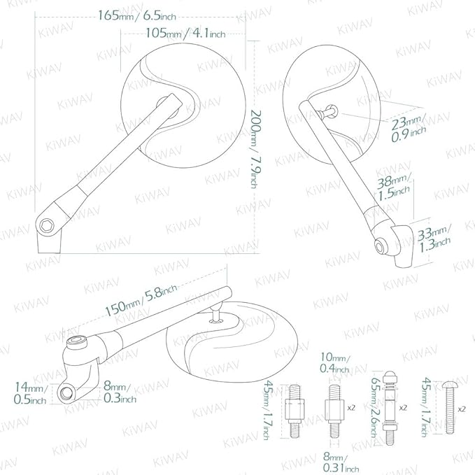 KiWAV Motorcycle Mirrors Aluminum Retro 4 Inches Round Matte Black Convex 10mm 5/16 Inches Bolts Pack of a Pair