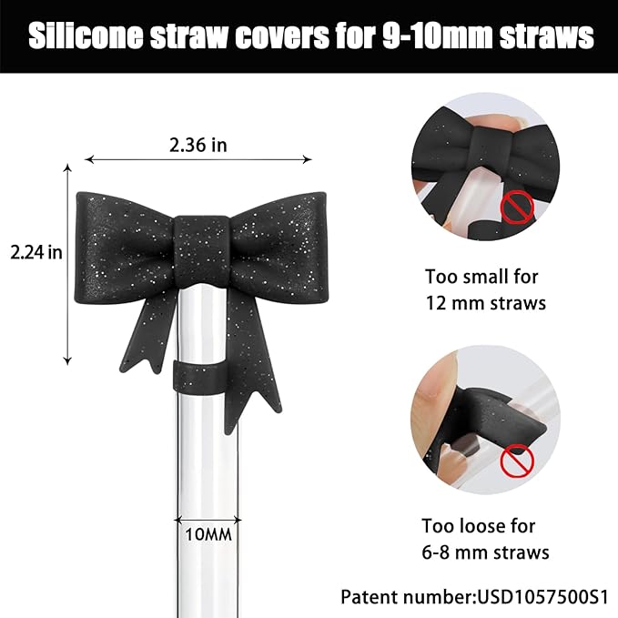 4Pcs Silicone Straw Toppers Covers for Stanley Cups 40/30oz 10mm(0.4in) Shiny Black Dust-Proof Bow Straw Covers Toppers Suitbale for Stanley Cup Accessories Reusable Straws Caps