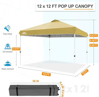 EAGLE PEAK Pop Up Canopy Tent with Wheeled Carry Bag, 8 Stakes, 4 Ropes, 4 Weight Bags, Easy Set Up Tent Canopy, 12x12 ft, 144sqft of Shade, Beige
