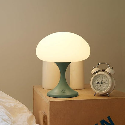 Mushroom Lamp, 5W LED Cordless Rechargeable Table Lamp with Glass Shade, Small Retro Dimmable Touch Light with 3 Color Temps, Aesthetic Mid Century Bedside Light for Bedroom Ambient, Green
