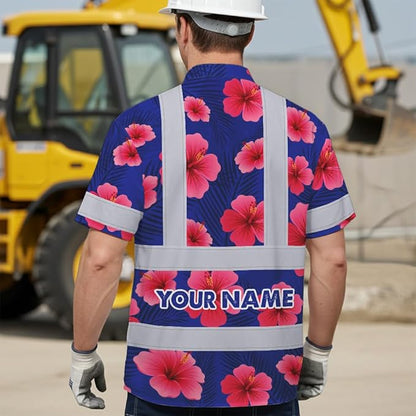 High Visibility Hawaiian Shirt for Men Tropical Shirts Custom Name Floral Outfit Reflective Safety Workwear
