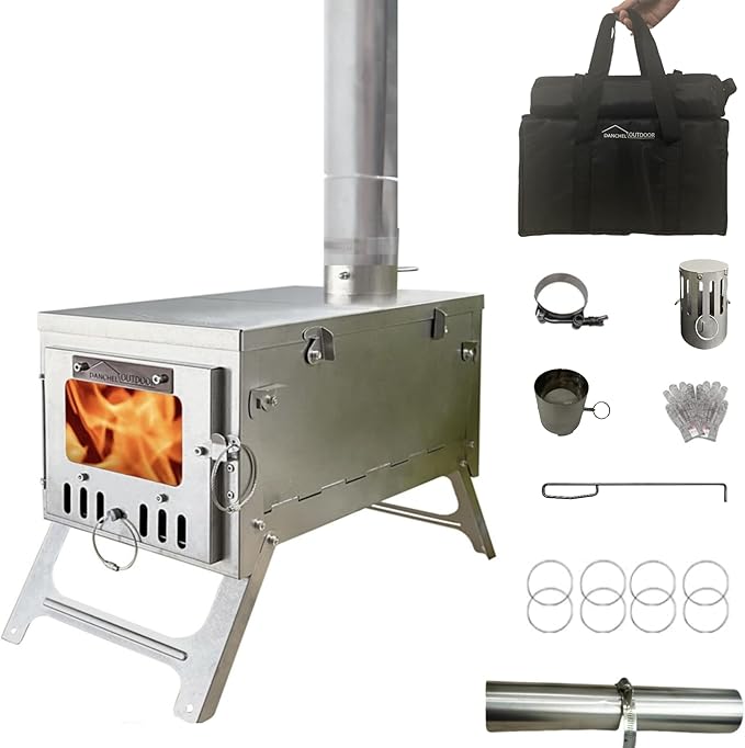 DANCHEL OUTDOOR S6/SSG Portable Folding Hot Tent Camping Stove, 304 Stainless Steel Small Tent Wood Stove with 7.2ft Pipe for Winter Survival,Cooking, Backpacking