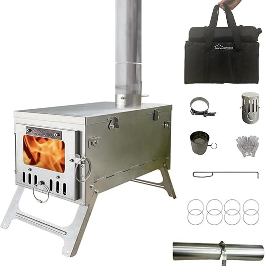 DANCHEL OUTDOOR S6/SSG Portable Folding Hot Tent Camping Stove, 304 Stainless Steel Small Tent Wood Stove with 7.2ft Pipe for Winter Survival,Cooking, Backpacking