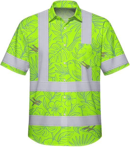High Visibility Hawaiian Shirt for Men Tropical Shirts Custom Name Floral Outfit Reflective Safety Workwear