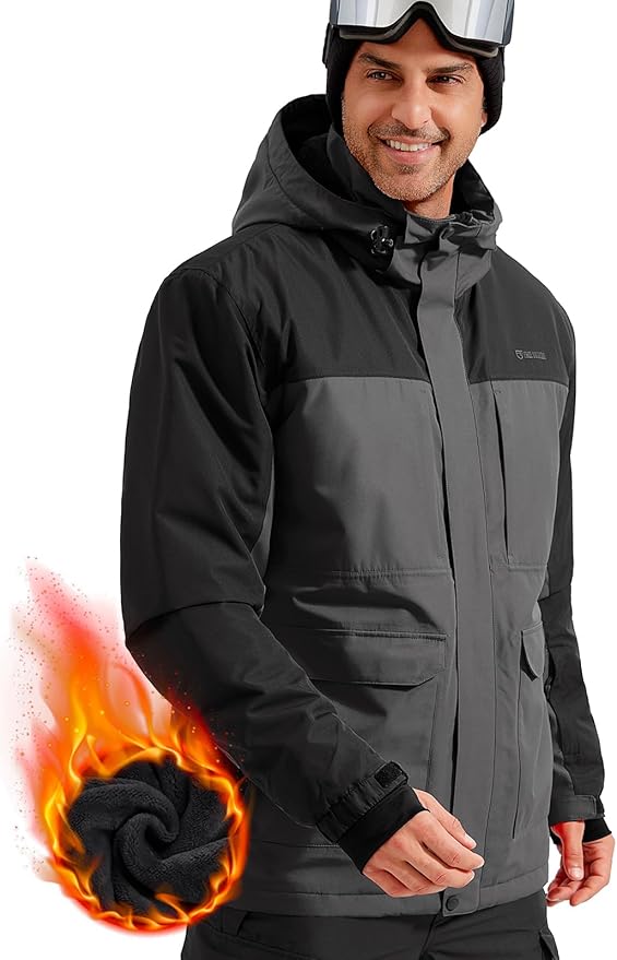 FREE SOLDIER Men's Waterproof Ski Jacket Fleece Lined Warm Winter Snow Coat with Hood Fully Taped Seams