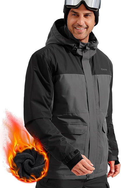 FREE SOLDIER Men's Waterproof Ski Jacket Fleece Lined Warm Winter Snow Coat with Hood Fully Taped Seams