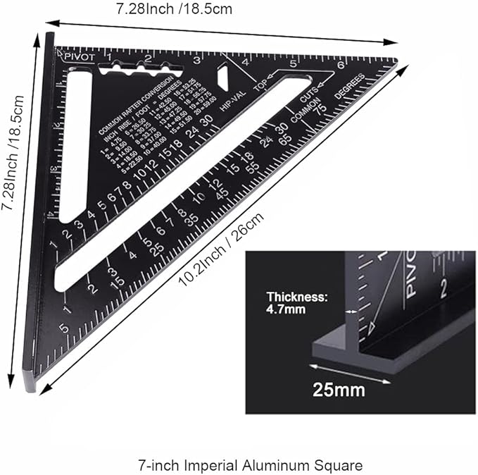 ASNOMY 7 Inch & 12 Inch Triangle Ruler, Black Triangle Ruler Rafter Square Protractor, High Precision Aluminum Alloy Triangle Rulers,Layout Measuring Tool for Engineer Carpenter（Metric and Imperial）