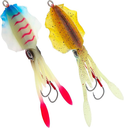 Squid Fishing Lures Large Simulation Luminous Artificial Lures Baits with 3D Holographic Eyes & Treble Hook, Built in Lead Blocks, Lifelike Plastic Fishing Soft Lures for Saltwater Fishing