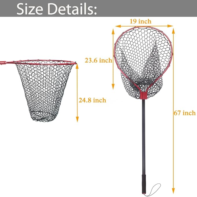 Fishing Landing Net with Long Handle Non-Telescopic,Large Rubber Fishing Net for Kayak/Fly | Hoop Size 23.6″ x 19″ | Overall Length: 67″ | Net Depth 24.8″