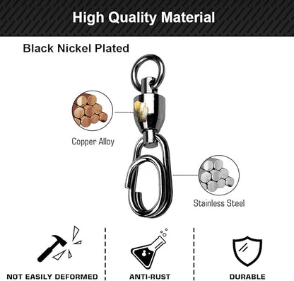 Atibin High Strength Snap Swivels Saltwater Ball Bearing Fishing Swivels Freshwater Stainless Steel Split Rings Fishing Black Nickel 30lbs-156lbs