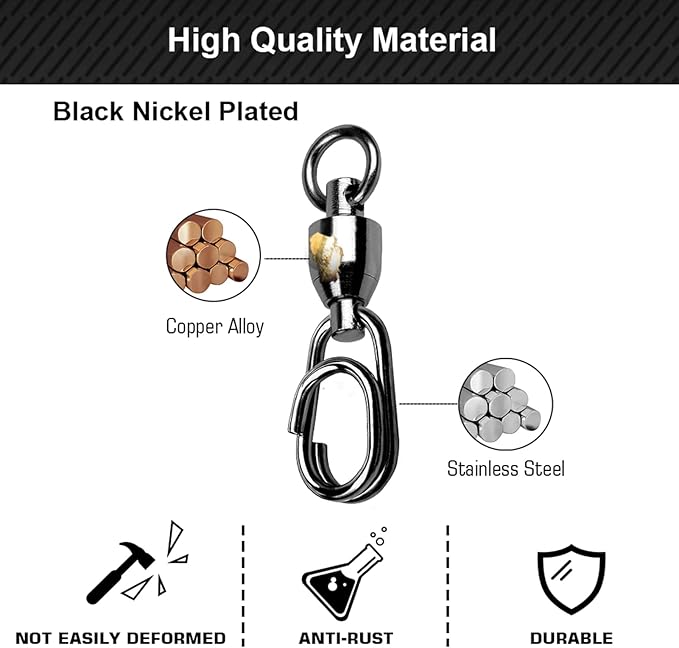Atibin High Strength Snap Swivels Saltwater Ball Bearing Fishing Swivels Freshwater Stainless Steel Split Rings Fishing Black Nickel 30lbs-156lbs