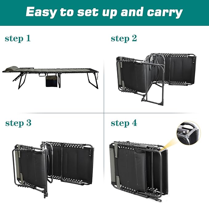 Outdoor Folding Lounge Chair Padded for Adults 264Ibs Patio Chaise Lounge Chair for Outside 5-Position Adjustable Reclining Beach Chair with Pillow Pocket