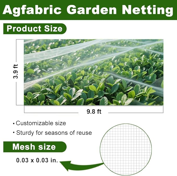 Agfabric Garden Netting 3.9'x9.8' Insect Pest Barrier Netting for Garden Protection,Plant Cover Row Cover Mesh Netting for Vegetables Fruit Trees and Plants,White