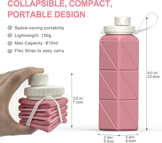 Collapsible Water Bottles 20.6oz, Silicone Foldable Portable Travel Water Bottle, BPA-Free, Leakproof Reusable for Traveling Camping Hiking Cycling Yoga Sports Outdoor, 1 Pack (Pink)