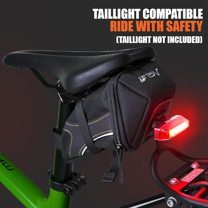 BV Strap-On Bike Bag with Reflective Material - Capacious Saddle Bag with Seperate Divider for Small Items & Room for All Your Essentials - Bike Pouch with Taillight Hanger for Maximum Safety