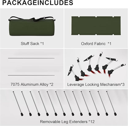 Camping Cot with Leg Extenders,Lightweight Portable Bed for Camping, Hiking, Travel, Beach, Home, Office Nap, Supports 330lbs, Easy Storage, Durable Design, Green