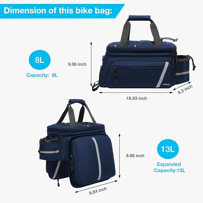 MOSISO Bike Rack Bag with Rain Cover, Bike Trunk Cooler Handag Insulated Bicycle Rear Seat Pouch with 2 Side Foldable Panniers, 8L Cycling Backseat Storage Cargo Saddle Shoulder Bag, Navy Blue