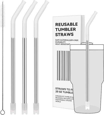 Reusable Metal Straws with Silicone Tip for Stanley 20oz,Stainless Steel Drinking Straws for 20oz Tumbler,3 Straight Tubes & 6 Tips& 1 Cleanr Brush(Transparent)