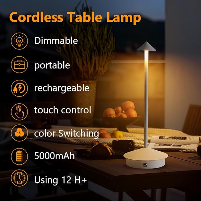 2 Pack LED Rechargeable Cordless Table Lamps,Portable Outdoor 5000mAh Battery Operated Table Light Touch Control 3 Color Dimmable for Patio/Cofee/Restaurant/Camping/Dining/Bedroom-White