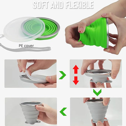 JBER Silicone Collapsible Travel Cup, Silicone Folding Camping Cup with Lids Expandable Drinking Cup for Outdoor Hiking Travel