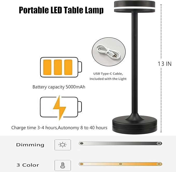 2PCS Cordless LED Rechargeable Table Touch Lamp,3 Color Stepless Dimming,Built-in 5000mAh Battery Table Light, Ambient Light for Restaurant Patio Office Dorm Terrace Outdoor Party Bar Cafe Desk(Black)