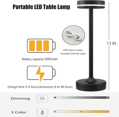 2PCS Cordless LED Rechargeable Table Touch Lamp,3 Color Stepless Dimming,Built-in 5000mAh Battery Table Light, Ambient Light for Restaurant Patio Office Dorm Terrace Outdoor Party Bar Cafe Desk(Black)