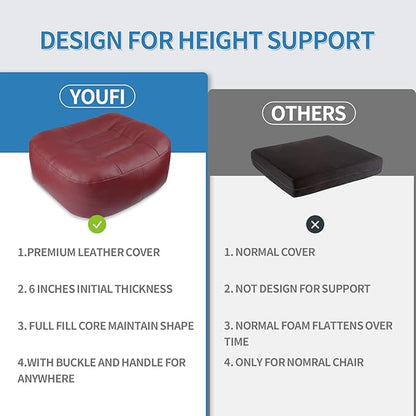 YOUFI Leather Seat Cushion Extra-Thick Booster for Office Chair to Rise Height - Full Filling for Support - with Breathable Cover, Handle and Buckle - Relieves Back Pain – 18"x16"x6" (Red)