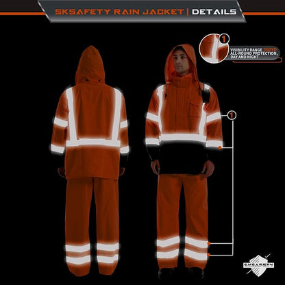 SKSAFETY Hi Vis Reflective Rain suits for Men Waterproof - High Vis Safety Rain Jacket, High Visibility Raincoat for Men