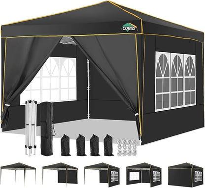COBIZI 10x10 Pop Up Canopy with 4 Sidewalls, Easy up Canopy for Events, Sports, Beach, Party, Outdoor Party Canopies with 4 Weight Bags, Stakes x4, Ropes x4, Black