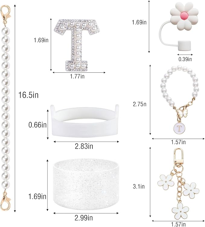 Stanley Cup Accessory Set - Including Water Bottle Carrying Pearl Strap, Handle Letter Charms Sticker, Silicone Cups Boot Straw Cover for 40oz & 30oz Tumbler