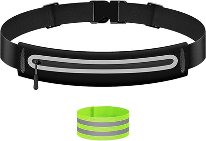 Slim Running Belt Fanny Packs for Women Man,Adjustable WaterProof Running Pouch Waist Bag for Workout Jogging,Elastic Phone Holder for Runner Comes with Reflective Armbands