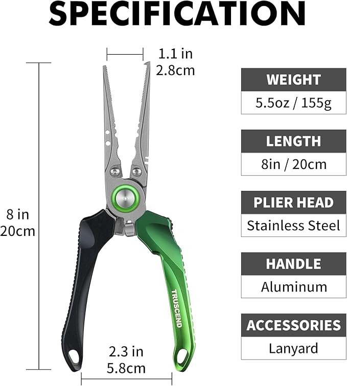 TRUSCEND Lockable Handy Fishing Pliers with Innovative Ergonomic Handle, Saltwater Corrosion Resistant Teflon Coated Fishing Tool, Multi-Function Fishing Gear with Mo-V Cutter