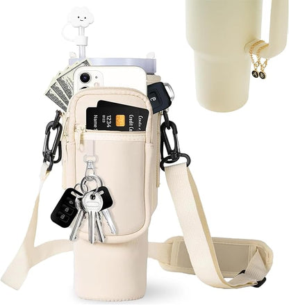 dabria Water Bottle Carrier Bag with Phone Pocket for Stanley 40 oz Tumbler Neoprene Water Bottle Holder Pouch with Adjustable Strap Bollus with Straw Cover & Letter Charm for Stanley Cup Accessories