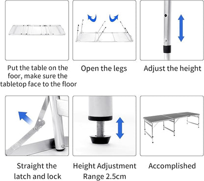 Camping Table 6FT Folding Table Large 3 Adjustable Height Portable Picnic Camp Aluminum Outdoor Table Picnic BBQ Black