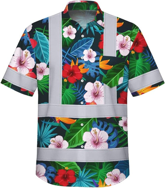 High Visibility Hawaiian Shirt for Men Tropical Shirts Custom Name Floral Outfit Reflective Safety Workwear
