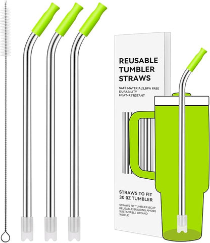 Reusable Stainless Steel Straws with Silicone Tip for Stanley 30oz, Metal Drinking Straws for 30oz Tumbler,3 Bent Tubes & 6 Tips& 1 Cleanr Brush (Bright Lime)