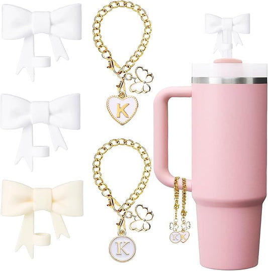 Bow for Stanley Straw Topper- 3pcs Cute Cup Bow Straw Cover Silicone Cap 10mm with 2pcs Initial Letter Charms Name Id Personalized Accessories 40/30 Oz Tumbler Water Bottle Cups White-K