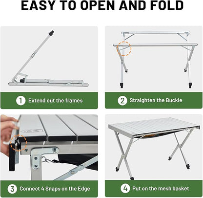 TIMBER RIDGE Folding Camping Table Adjustable Height, 4-6 Person Lightweight Aluminum Roll-up Table for Camping Outdoor Picnic BBQ Backyard Party Support 220 lbs, Silvery