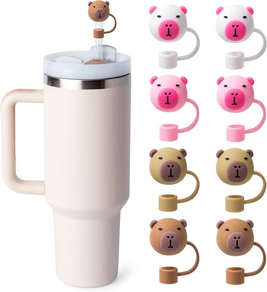 8 silicone straw lids and mug covers for Stanley Cup 30-40 oz. with handle straw cups, 10mm straw lids, dust-proof reusable straw cup lid accessories (4 colors, bear pattern design)