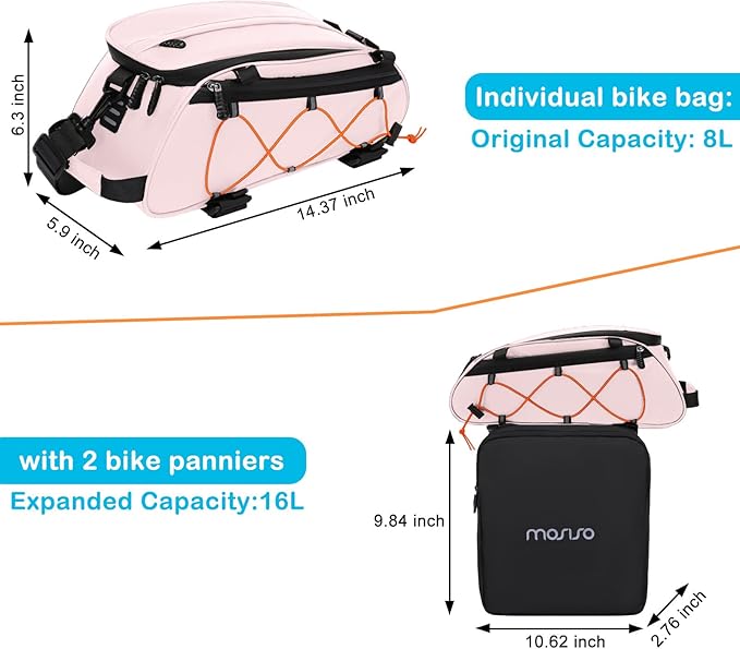 MOSISO Bike Rack Bag with 2 Removable Panniers, Waterproof Bike Trunk Cooler Storage Handbag Insulated Bicycle Rear Seat Pouch, Bicycle Storage Saddle Shoulder Bag Cycling Luggage Pouch, Pink