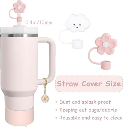 Stanley Cup Accessories Set,Including 2 Pcs 0.4in Straw Cover, 1 Silicone Spill-Proof Stopper Set of 3, 1 Cute Butterfly Handle Charm, 1 Silicone Boot Fits Stanley 40&30 Oz Tumbler (Rose Quartz)