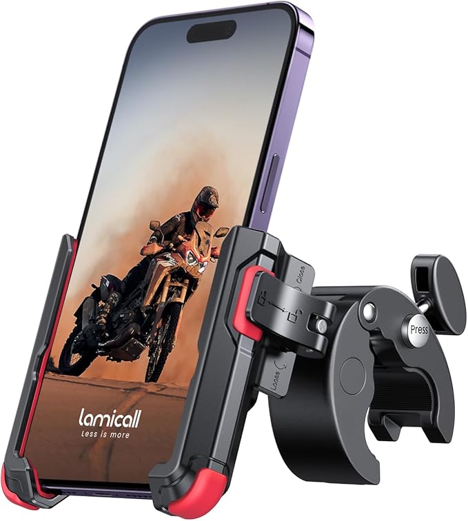Lamicall Motorcycle Phone Mount Holder - [Camera Friendly] [1s Lock] Bike Phone Holder Handlebar Clamp, Bicycle Scooter Phone Clip, for iPhone Air, 17, 16, 15 Pro Max, Galaxy, 4.7-7" Phones, Red