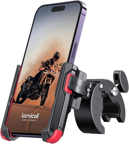 Lamicall Motorcycle Phone Mount Holder - [Camera Friendly] [1s Lock] Bike Phone Holder Handlebar Clamp, Bicycle Scooter Phone Clip, for iPhone Air, 17, 16, 15 Pro Max, Galaxy, 4.7-7" Phones, Red