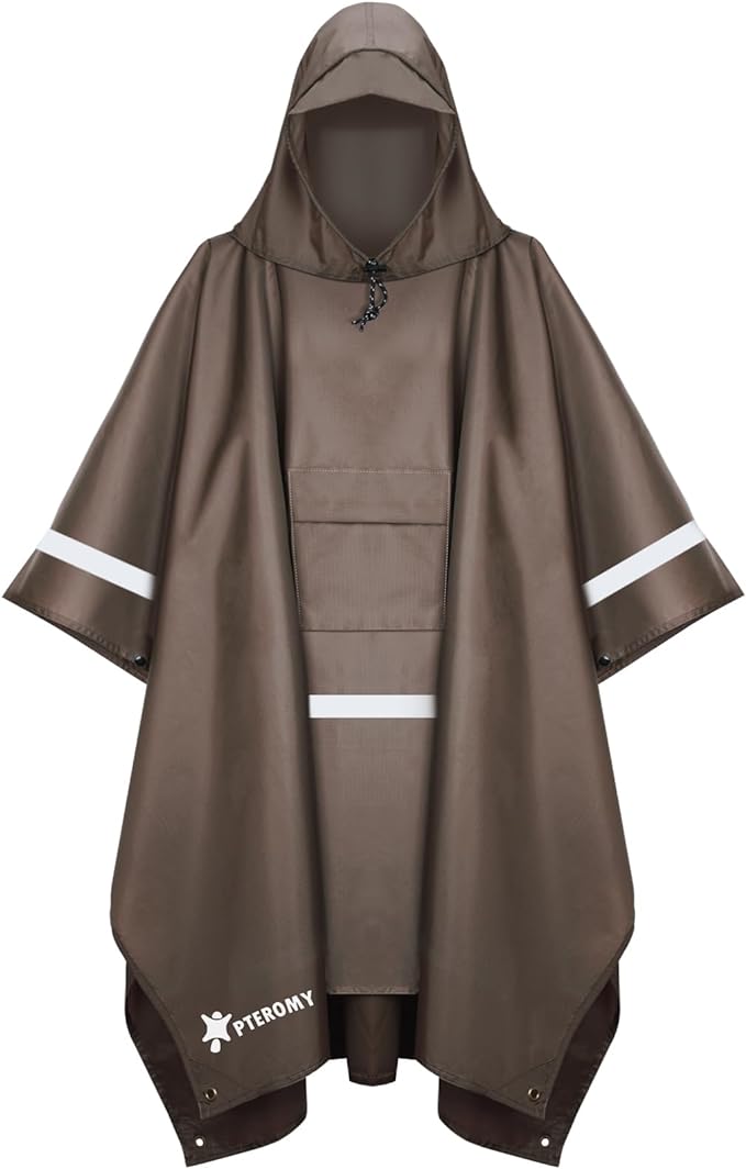 PTEROMY Hooded Rain Poncho for Adult with Pocket, Waterproof Lightweight Unisex Raincoat for Hiking Camping Emergency