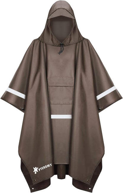 PTEROMY Hooded Rain Poncho for Adult with Pocket, Waterproof Lightweight Unisex Raincoat for Hiking Camping Emergency