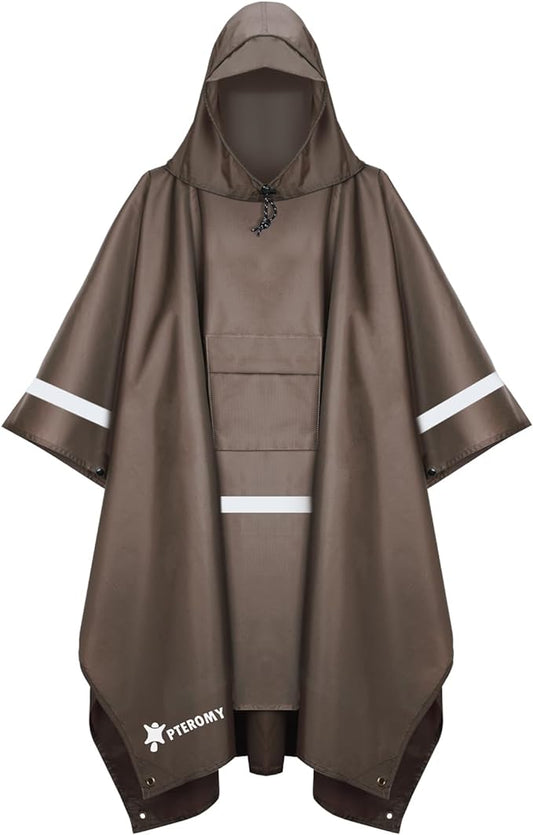 PTEROMY Hooded Rain Poncho for Adult with Pocket, Waterproof Lightweight Unisex Raincoat for Hiking Camping Emergency