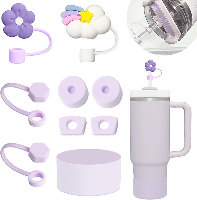 Stanley Cup Accessories Set Including 6 Pcs Silicone Spill Proof Stopper, 2 Pcs Straw Cover Cap for 9-10 mm Straws, 1 Pcs Purple Silicone Boot for Stanley Cup 40oz & 30oz Tumbler (ORCHID)